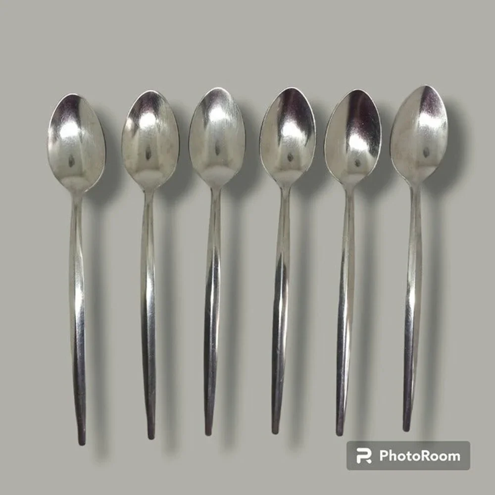 Ekco Stainless Iced Teaspoon-EKS36-Made in USA-MCM-Center Ridge-Minimal-Set of 6